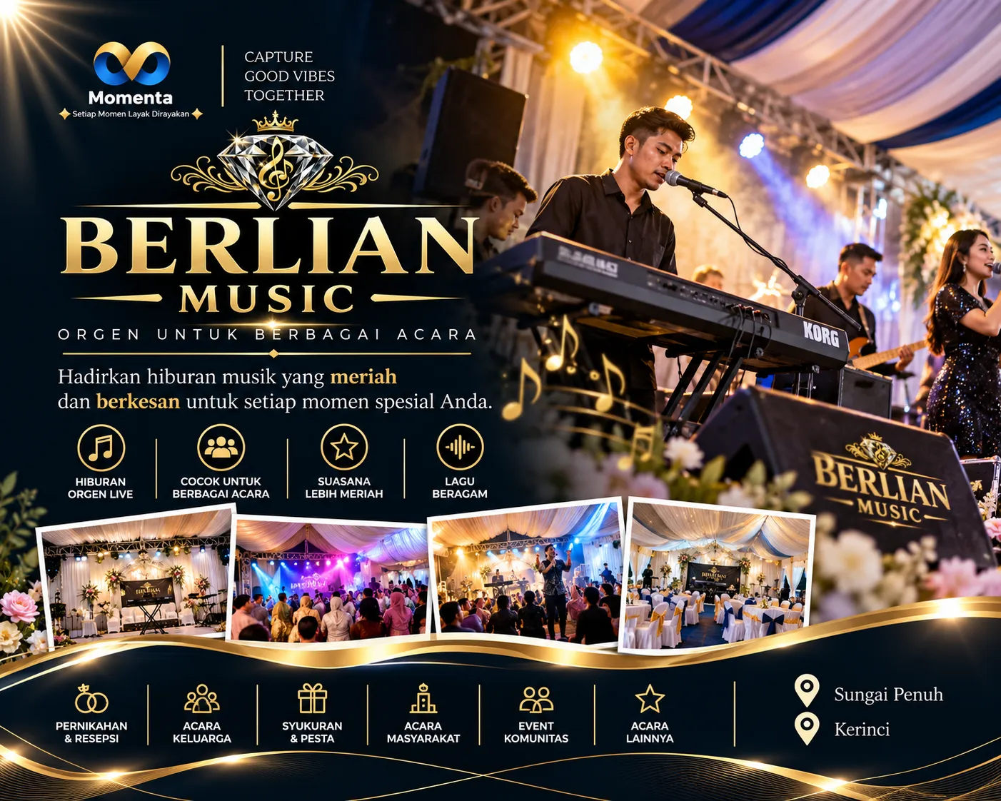 BERLIAN MUSIC hadir sebagai pilihan orgen untuk berbagai acara. Hadirkan hiburan musik untuk pernikahan, syukuran, perayaan, dan acara lainnya.