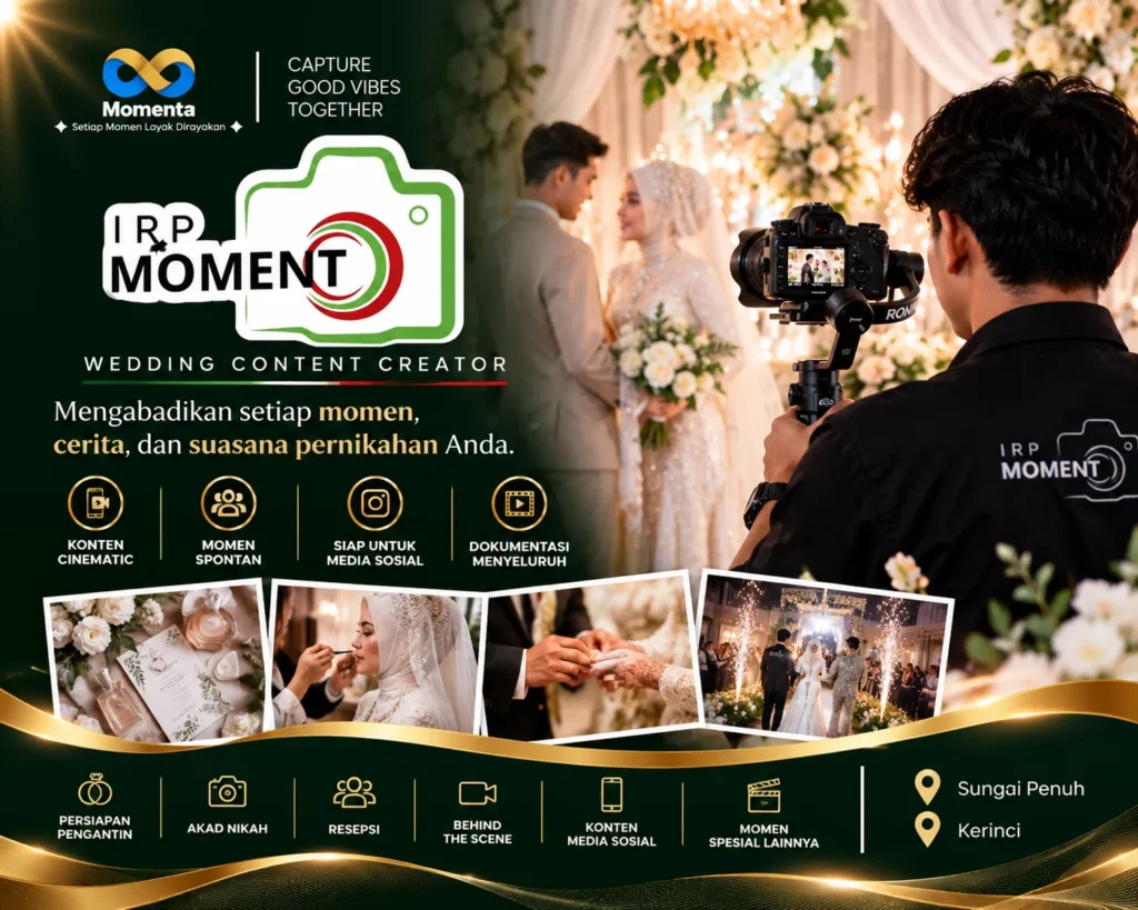 IRPMOMENT.WCC hadir sebagai Wedding Content Creator Sungai Penuh Kerinci untuk mengabadikan momen, cerita, dan suasana pernikahan secara natural dan berkesan.