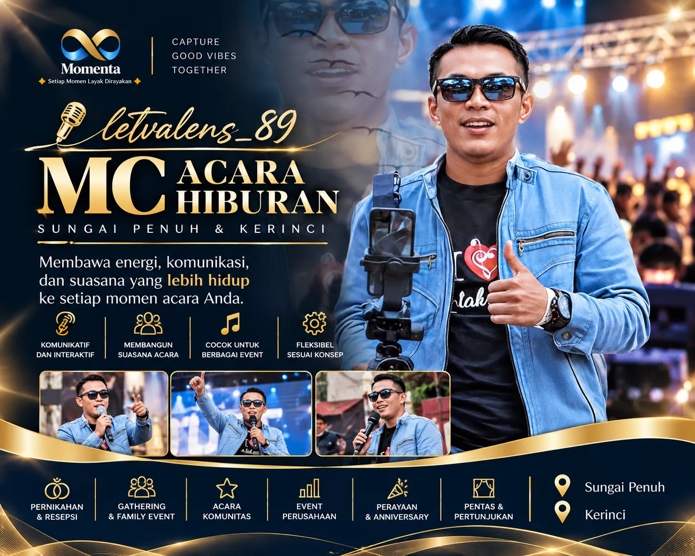 letvalens_89 hadir sebagai pilihan MC acara hiburan untuk berbagai kebutuhan event di Sungai Penuh dan Kerinci, dengan pembawaan komunikatif, interaktif, dan dapat disesuaikan dengan karakter acara.